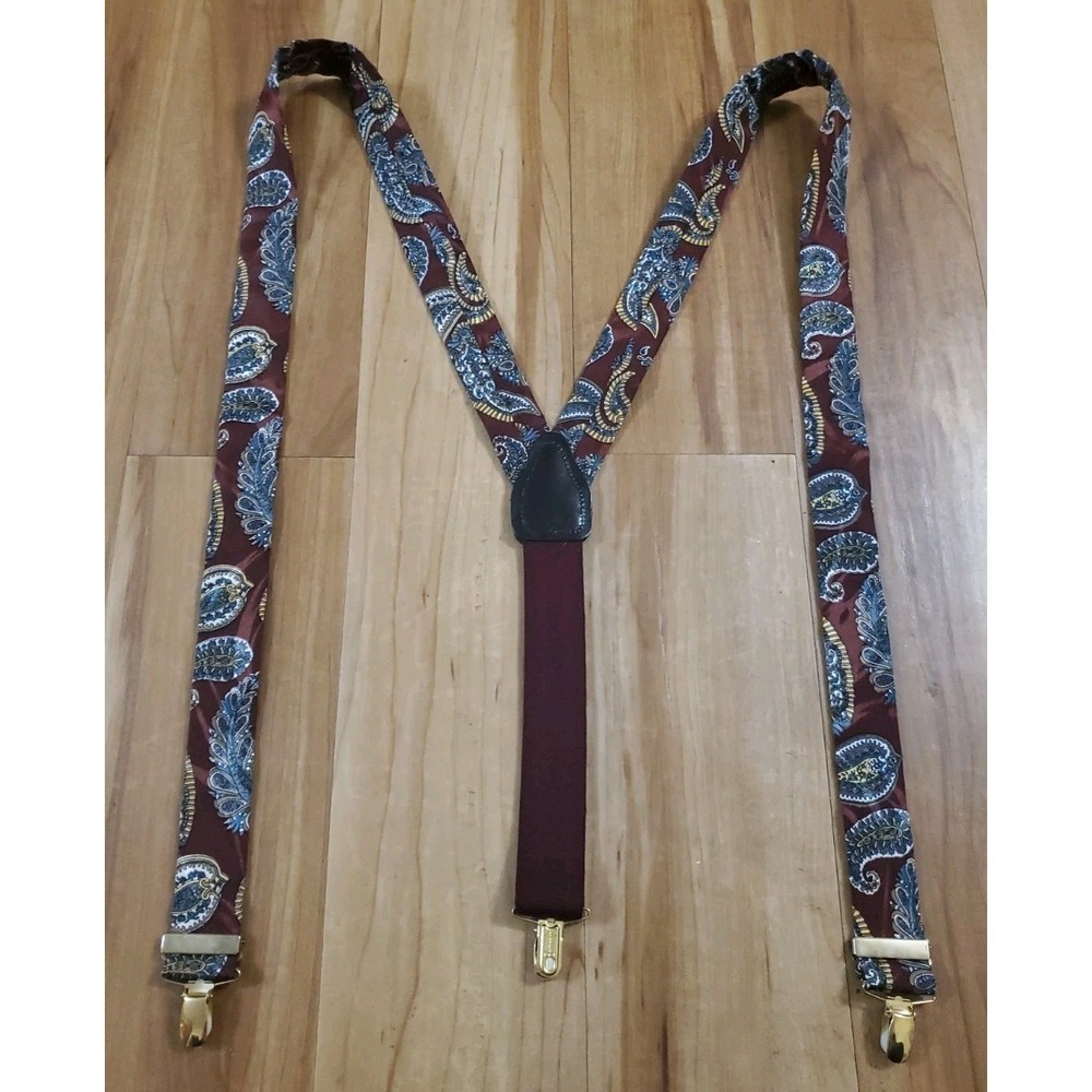 Vintage CAS Germany Paisley Suspenders Y-Back Clip On Braces Maroon Blue
